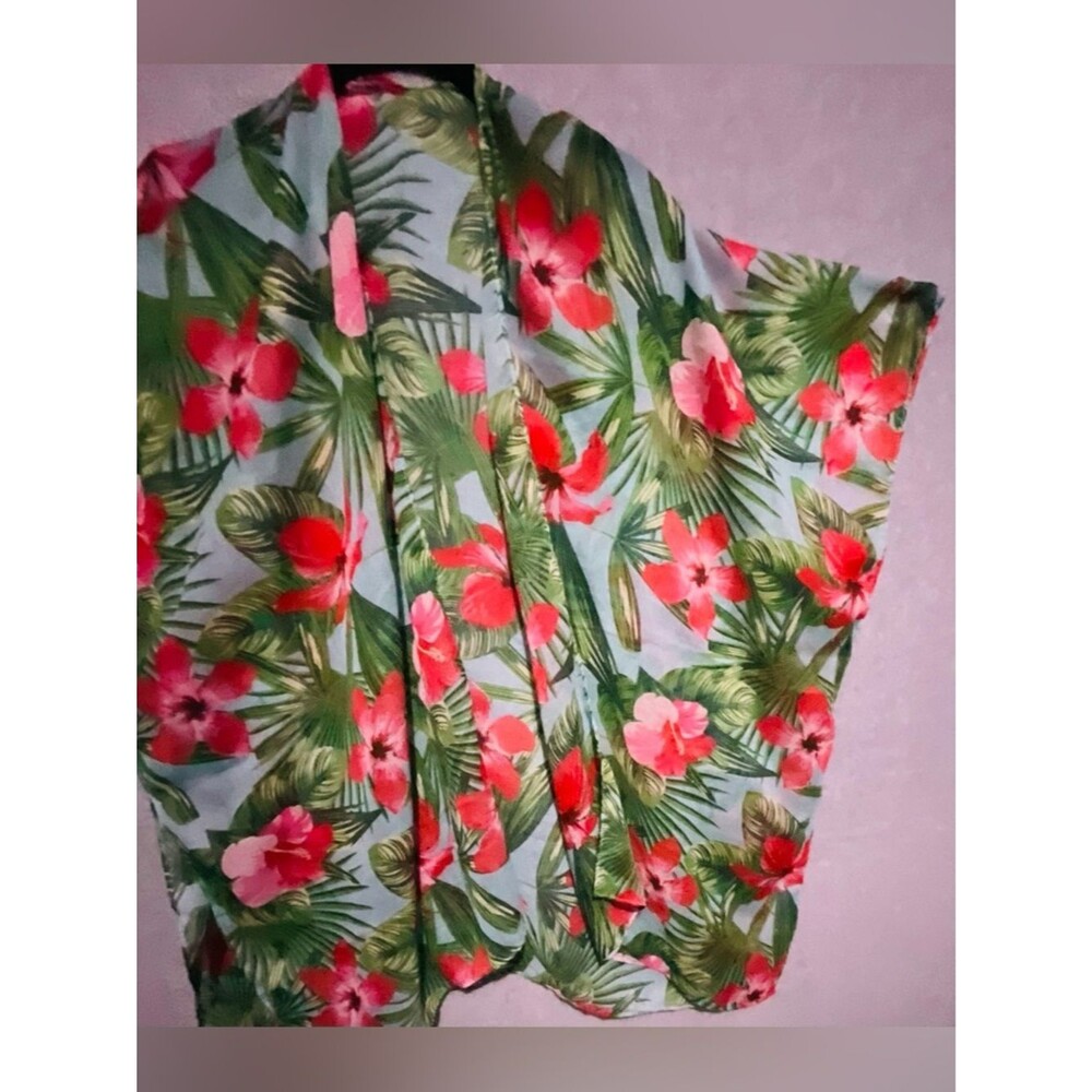 Tropical Floral Kimono Cardigan One Sz Hibiscus Palm Leaf Sheer Resortwear Blue - Picture 4 of 8